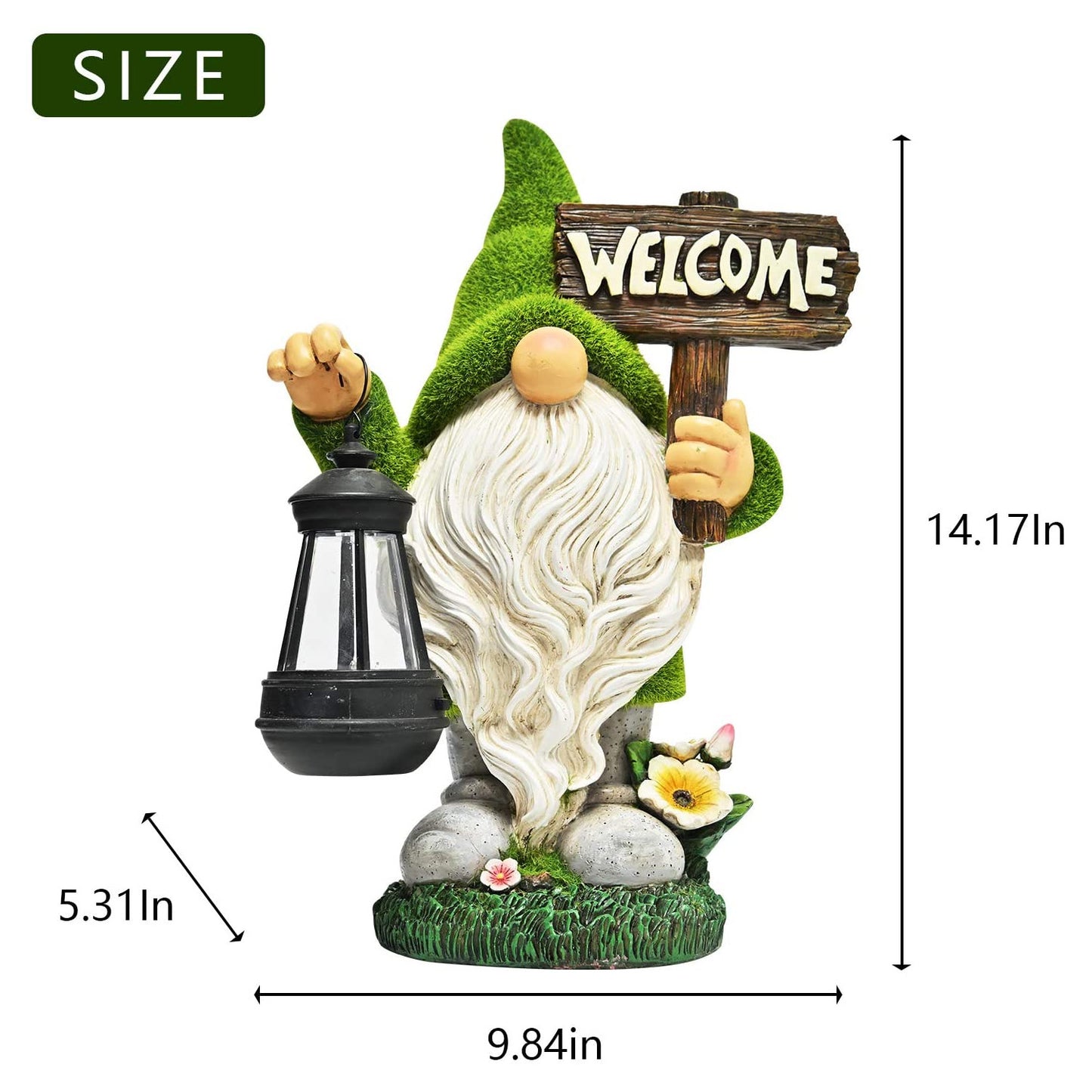 Solar Powered Garden Gnome Statue with LED Light - Weatherproof Outdoor Garden Decoration for Patio, Lawn & Landscape