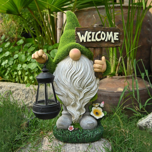 Solar Powered Garden Gnome Statue with LED Light - Weatherproof Outdoor Garden Decoration for Patio, Lawn & Landscape